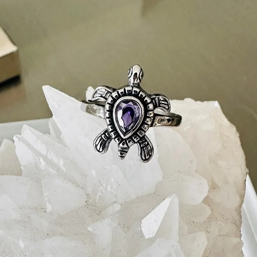 Stainless Steel Turtle Ring With Amethyst CZ